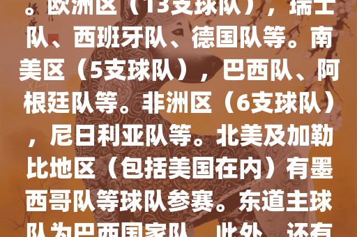 亚洲区（4支球队），澳大利亚队、日本队、韩国队和伊朗队。欧洲区（13支球队），瑞士队、西班牙队、德国队等。南美区（5支球队），巴西队、阿根廷队等。非洲区（6支球队），尼日利亚队等。北美及加勒比地区（包括美国在内）有墨西哥队等球队参赛。东道主球队为巴西国家队。此外，还有哥斯达黎加国家队也参与了此次世界杯比赛。