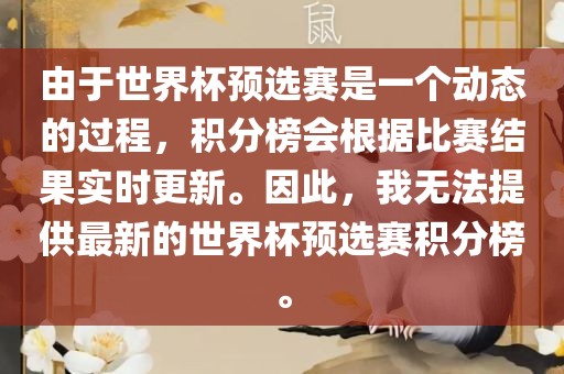 由于世界杯预选赛是一个动态的过程，积分榜会根据比赛结果实时更新。因此，我无法提供最新的世界杯预选赛积分榜。