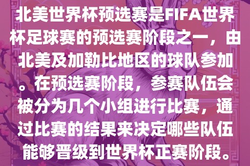 北美世界杯预选赛是FIFA世界杯足球赛的预选赛阶段之一，由北美及加勒比地区的球队参加。在预选赛阶段，参赛队伍会被分为几个小组进行比赛，通过比赛的结果来决定哪些队伍能够晋级到世界杯正赛阶段。