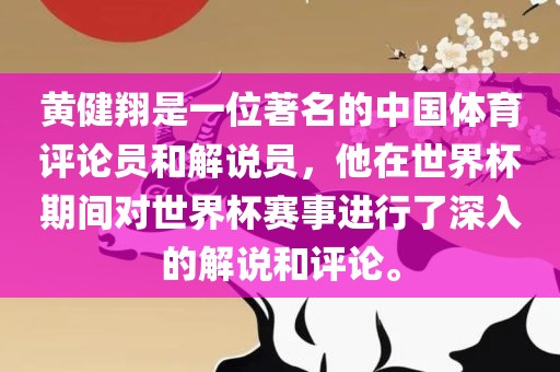 黄健翔是一位著名的中国体育评论员和解说员，他在世界杯期间对世界杯赛事进行了深入的解说和评论。