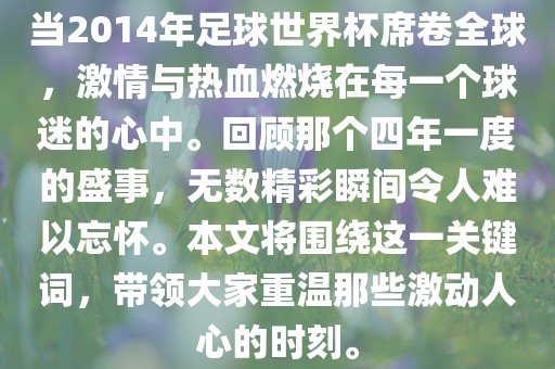 当2014年足球世界杯席卷全球，激情与热血燃烧在每一个球迷的心中。回顾那个四年一度的盛事，无数精彩瞬间令人难以忘怀。本文将围绕这一关键词，带领大家重温那些激动人心的时刻。