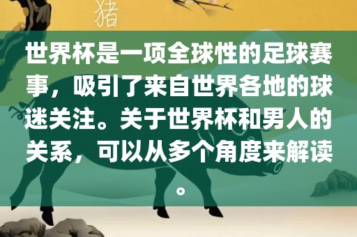 世界杯是一项全球性的足球赛事，吸引了来自世界各地的球迷关注。关于世界杯和男人的关系，可以从多个角度来解读。