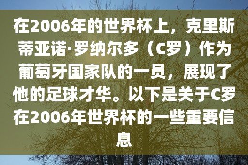 在2006年的世界杯上，克里斯蒂亚诺·罗纳尔多（C罗）作为葡萄牙国家队的一员，展现了他的足球才华。以下是关于C罗在2006年世界杯的一些重要信息