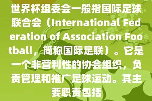 世界杯组委会一般指国际足球联合会（International Federation of Association Football，简称国际足联）。它是一个非营利性的协会组织，负责管理和推广足球运动。其主要职责包括