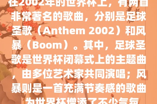 在2002年的世界杯上，有两首非常著名的歌曲，分别是足球圣歌（Anthem 2002）和风暴（Boom）。其中，足球圣歌是世界杯闭幕式上的主题曲，由多位艺术家共同演唱；风暴则是一首充满节奏感的歌曲，为世界杯增添了不少气氛。