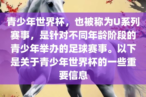 青少年世界杯，也被称为U系列赛事，是针对不同年龄阶段的青少年举办的足球赛事。以下是关于青少年世界杯的一些重要信息
