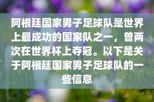 阿根廷国家男子足球队是世界上最成功的国家队之一，曾两次在世界杯上夺冠。以下是关于阿根廷国家男子足球队的一些信息