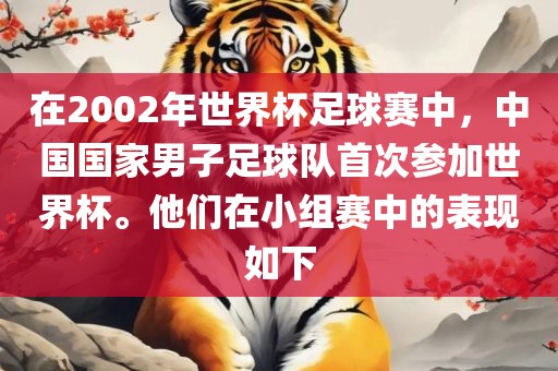 在2002年世界杯足球赛中，中国国家男子足球队首次参加世界杯。他们在小组赛中的表现如下