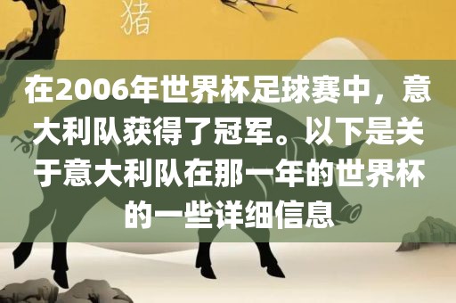 在2006年世界杯足球赛中，意大利队获得了冠军。以下是关于意大利队在那一年的世界杯的一些详细信息