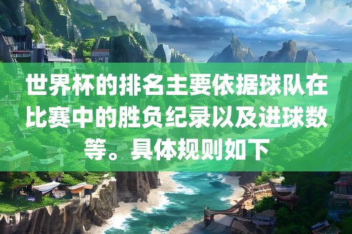 世界杯的排名主要依据球队在比赛中的胜负纪录以及进球数等。具体规则如下