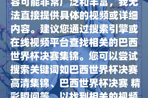 由于巴西世界杯决赛集锦的内容可能非常广泛和丰富，我无法直接提供具体的视频或详细内容。建议您通过搜索引擎或在线视频平台查找相关的巴西世界杯决赛集锦。您可以尝试搜索关键词如巴西世界杯决赛 高清集锦、巴西世界杯决赛 精彩瞬间等，以找到相关的视频和报道。