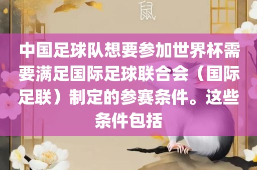 中国足球队想要参加世界杯需要满足国际足球联合会（国际足联）制定的参赛条件。这些条件包括