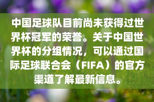 中国足球队目前尚未获得过世界杯冠军的荣誉。关于中国世界杯的分组情况，可以通过国际足球联合会（FIFA）的官方渠道了解最新信息。